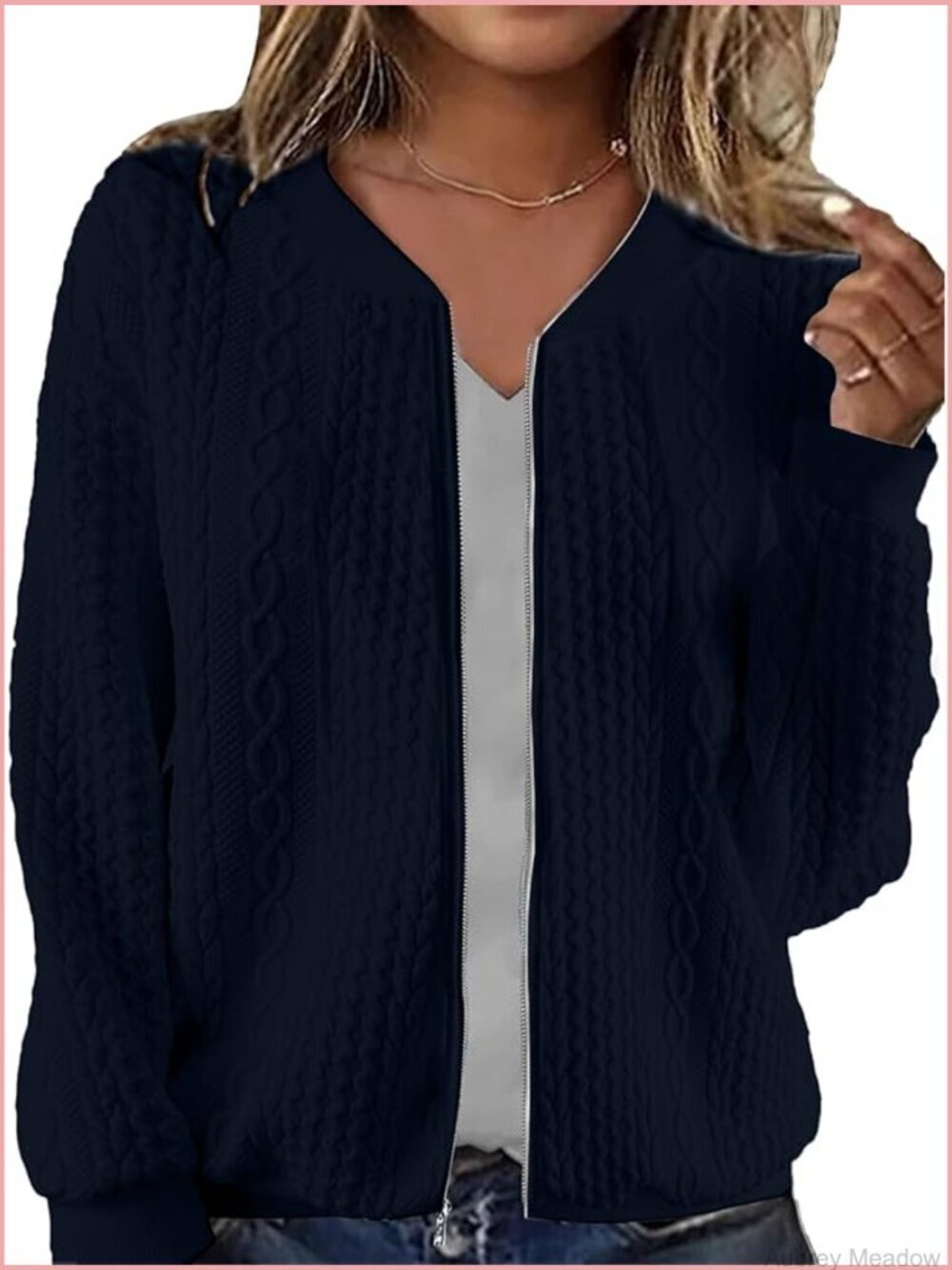 Zip Up Cable Knit Cardigan Sweater Long Sleeve Crewneck Casual Coat